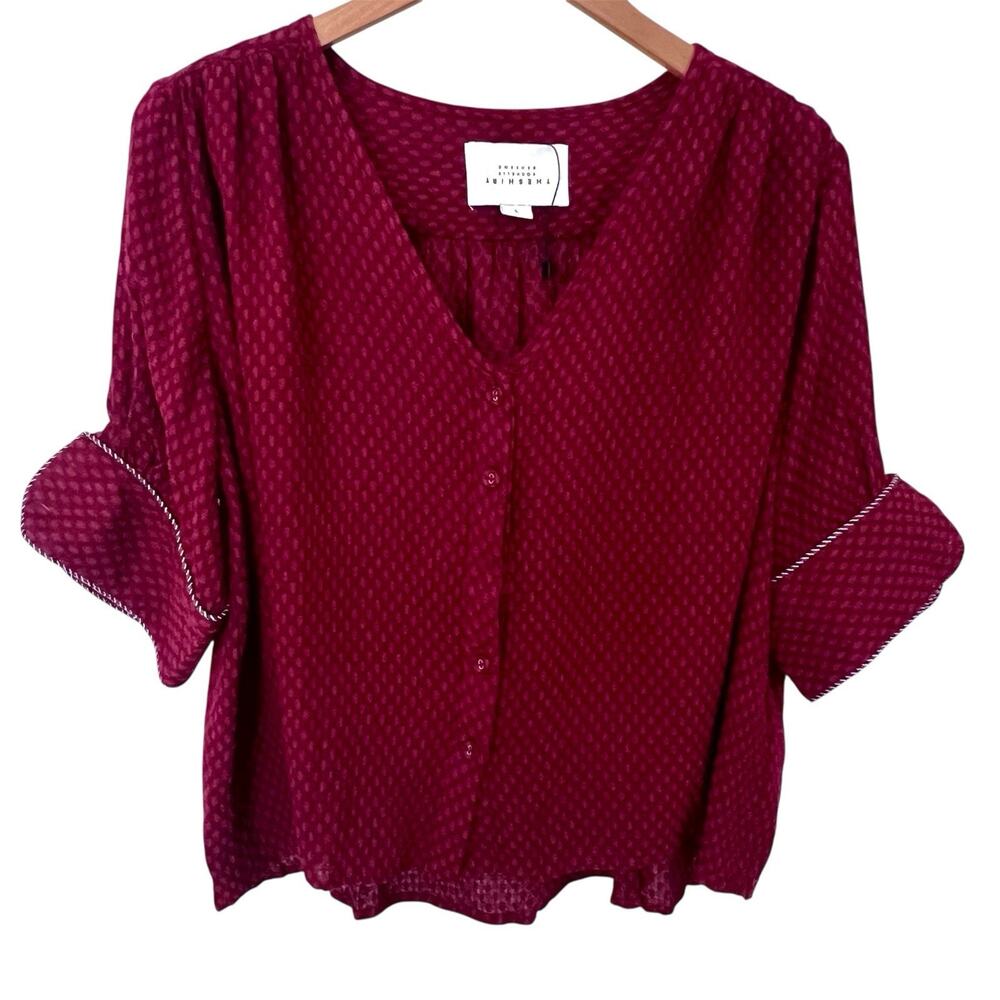 The Shirt Rochelle Behrens Burgundy Cotton Button Front Blouse Women's Large